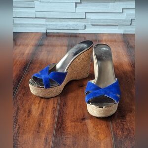 Jimmy Choo Pence Blue Suede Cork Wedge Mule Sandals EU 40 / US 9